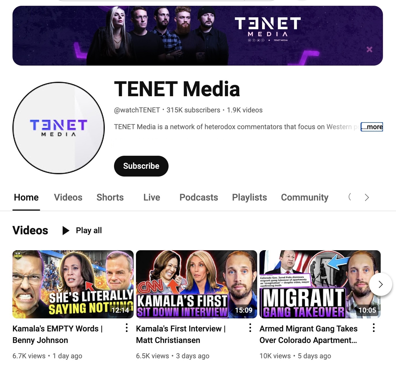 Tenet Media's YouTube channel