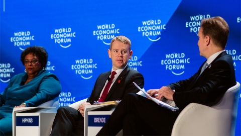 Chris Hipkins speaks as part of a panel at a World Economic Forum event in Tianjin