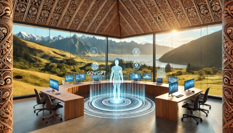 "An artistic representation of GovGPT operating in New Zealand, blending advanced technology with the country's iconic landscapes and cultural elements." - DALL-E 3