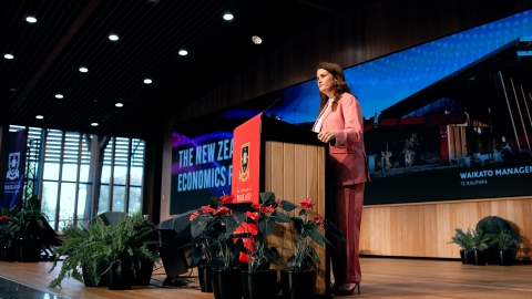 Finance Minister Nicola Willis speaks at Waikato University's Economics Forum in 2025