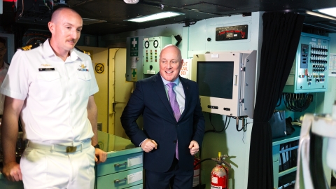 Prime Minister Christopher Luxon on the bridge of navy frigate Te Kaha in Mumbai